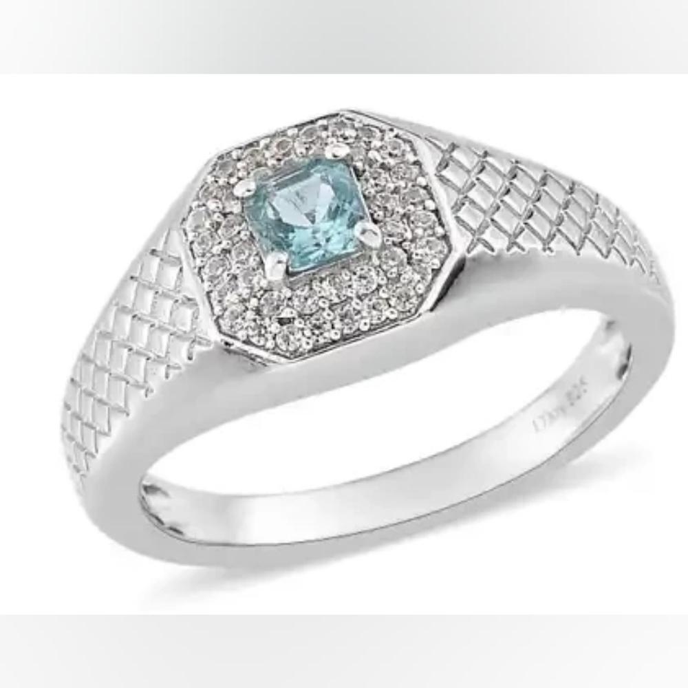 Asscher Cut Madagascar Paraiba Apatite and White Zircon Men's Ring over Sterling